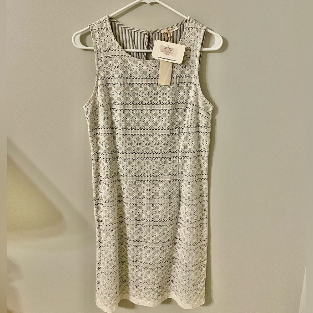 Mystree Off White Lace Overlay Dress with Blue and White Ticking Underlay
